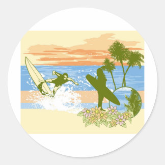 Sticker Rond nouvelle vintage surfer hawaii plage fille garçon