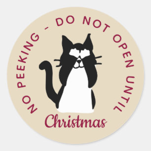 Sticker Rond N'ouvrez pas avant Noël Chat Kitty Peekaboo