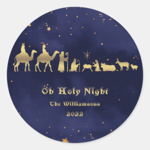 Sticker Rond Nuit de Noël dorée personnalisée de Noël