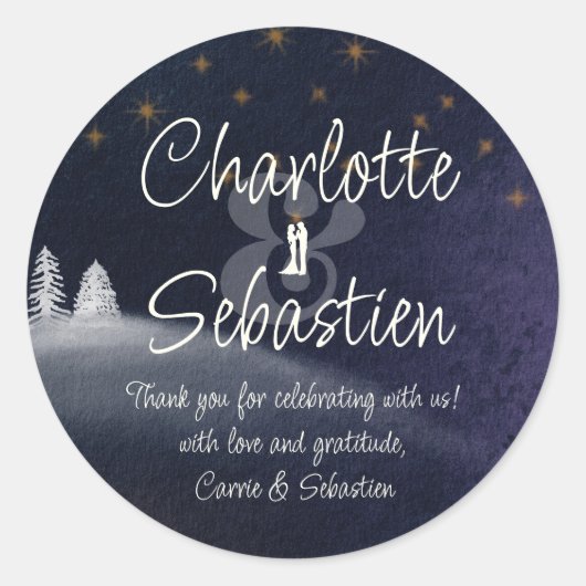 Sticker Rond Nuit d'hiver & Pine Tree Moderne Aquarelle Mariage (Devant)