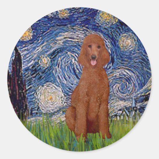 Sticker Rond Nuit étoilée - Caniche rouge foncé #1 (Devant)