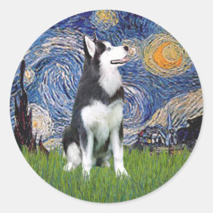 Sticker Rond Nuit étoilée - Husky Sibérien #1