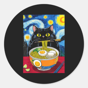 Sticker Rond Nuit étoilée Noir Graisse Chat Ramen Funny Noir Gr