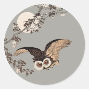 Sticker Rond Nuit Japonaise Chouette Lune Bois Coupe Flying Nig