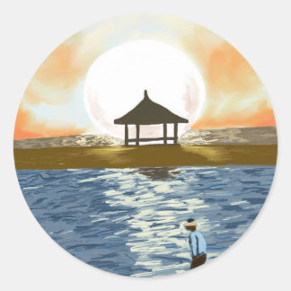 Sticker Rond Nuit Lune Sur La Plage Dans L'Océan Avec Bateau