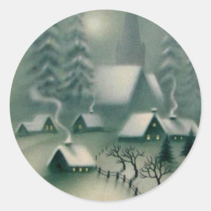 Sticker Rond Nuit silencieuse vintage Scène hivernale de Noël