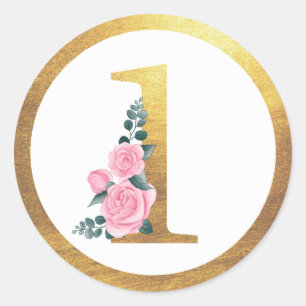 Sticker Rond Numéro 1 Roses roses rose Floral & Or élégant