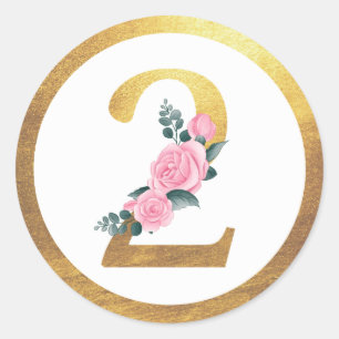 Sticker Rond Numéro 2 Deux Roses Roses Rose Floral & Or Élégant