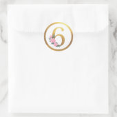 Sticker Rond Numéro 6 Six Roses Rose Floral & Or Élégant (Sac)