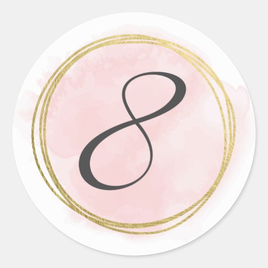 Sticker Rond Numéro 8 Huit Monogramme Rose Foncé Aquarelle Or (Devant)