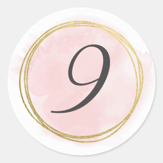 Sticker Rond Numéro 9 Monogramme Rose Pâle Aquarelle Or (Devant)