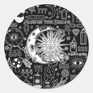 Sticker Rond Numérologie Chanceuse Magie Manifestante Noir Blan