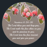 Sticker Rond Numéros 6 24-26 Le Seigneur vous bénisse et vous g<br><div class="desc">De beaux autocollants représentent une branche de baies rouges gelées et des caractéristiques Bible Verse Numbers 6:24-26,  "Le Seigneur vous bénisse et vous garde; L'Éternel vous fait briller le visage et soyez bienveillant envers vous; Le Seigneur tourne son visage vers vous et vous donne la paix."-</div>
