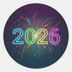 Sticker Rond Numéros de néon 2026 brillants avec confettis et f