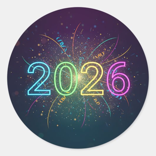 Sticker Rond Numéros de néon 2026 brillants avec confettis et f (Devant)