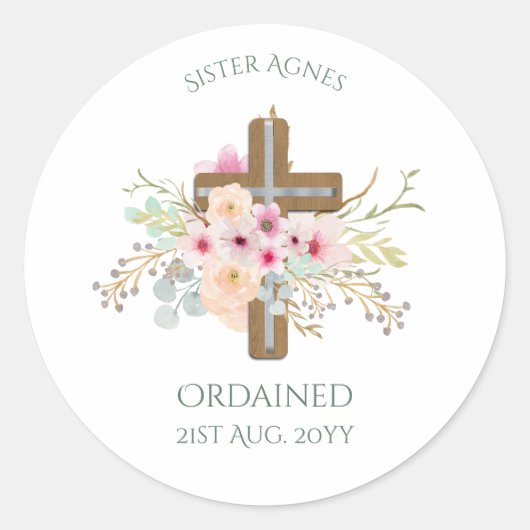 Sticker Rond NUN - Ordination ou anniversaire - Croix florale (Devant)