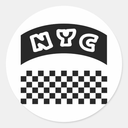Sticker Rond NYC Coupe Avec Taxi Checkerboard Et Bannière (Devant)