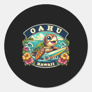 Sticker Rond Oahu Hawaï Tortue de mer mignonne Surf 