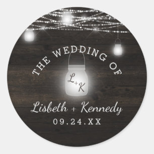 Sticker Rond Oak Ridge Rustic Wood & Mason Jar Monogram Mariage