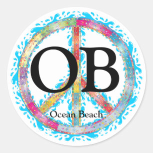 Sticker Rond OB Ocean Beach California Peace Sign and Water