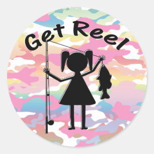 Sticker Rond Obtenir Reel - Petites filles pêche
