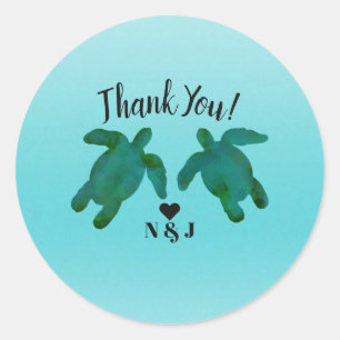Sticker Rond Océan Aquarelle Vert Bleu 2 Tortues Marines