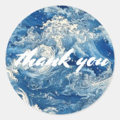 Sticker Rond Océan bleu vagues déferlantes merci (Devant)