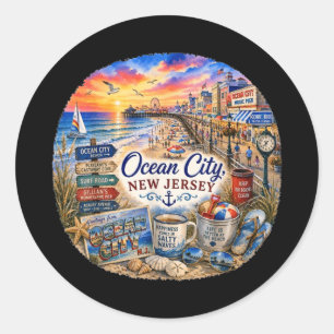 Sticker Rond Ocean City New Jersey Nj États-Unis Bord de mer Ét