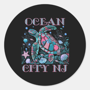 Sticker Rond Ocean City Nj Amoureux des Tortues Souvenir de Pla
