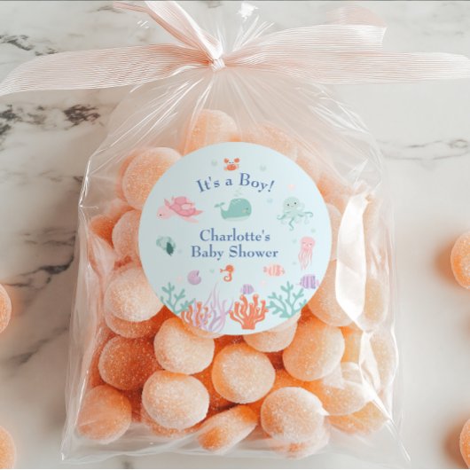 Sticker Rond Ocean Friends Blue C'est un Baby shower garçon