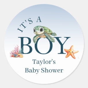 Sticker Rond Ocean Life Animaux Tortues Baby shower C'est un ga