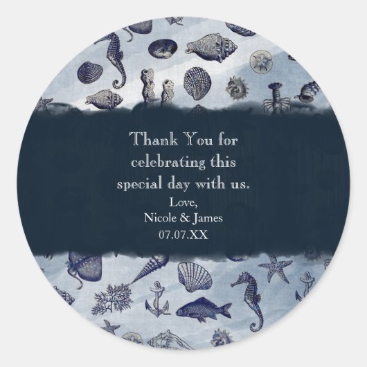 Sticker Rond Ocean Sea Life Nautical Seashells Beach Mariage (Devant)