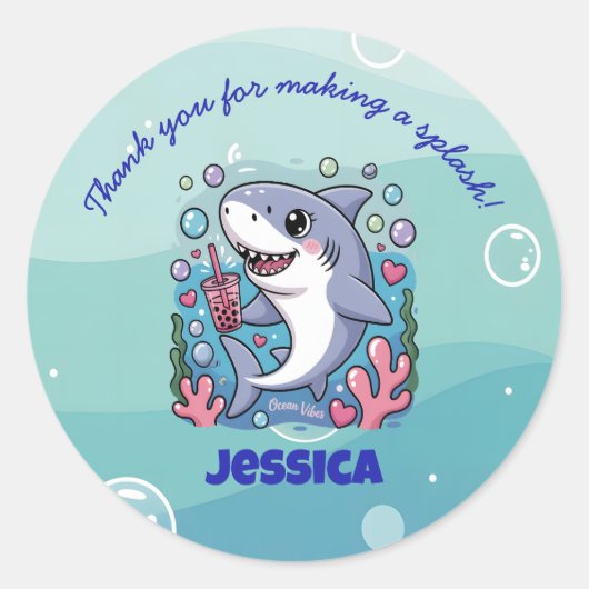Sticker Rond Ocean Vibes Cute kawaii Boba Shark Baby (Devant)