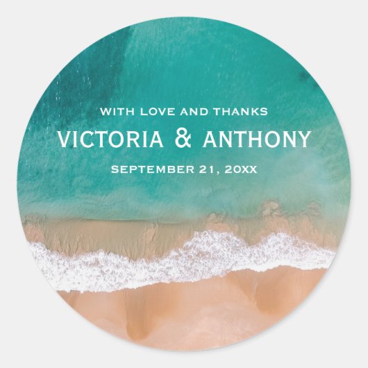 Sticker Rond Ocean Wave, Merci de mariage sur la plage (Devant)