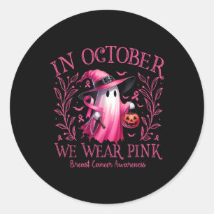 Sticker Rond Octobre Nous Portons Pink Ghost Witch Cancer du Se