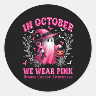 Sticker Rond Octobre Nous Portons Pink Ghost Witch Cancer du Se