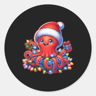 Sticker Rond Octopie De Noël Avec Chapeau De Père Noël Et Lumiè
