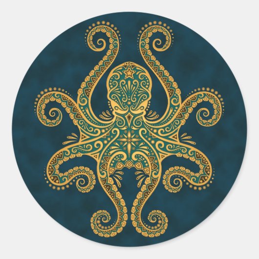 Sticker Rond Octopus bleu doré complexe (Devant)