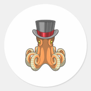 Sticker Rond Octopus comme Gentleman avec chapeau supérieur
