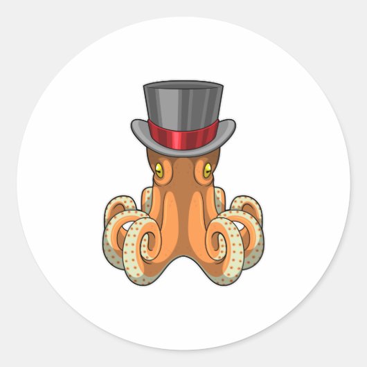 Sticker Rond Octopus comme Gentleman avec chapeau supérieur (Devant)