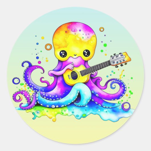 Sticker Rond Octopus de dessin animé Jouer de la guitare (Devant)