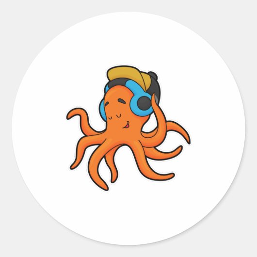 Sticker Rond Octopus en musique avec casque (Devant)