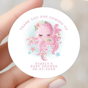 Sticker Rond Octopus Rose Fille Baby Shower Aquarelle Merci