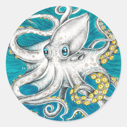 Sticker Rond Octopus Tentacles encre turquoise verte (Devant)
