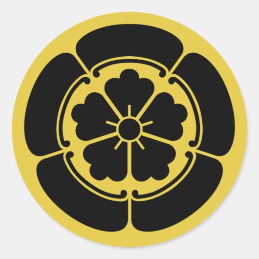Sticker Rond Oda Mon japonais samouraï clan jaune sur noir (Devant)