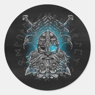 Sticker Rond Odin avec corbeaux et épées Mythologie Viking bleu