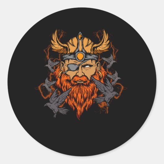 Sticker Rond Odin Norse Mythologie Viking God & Ravens (Devant)