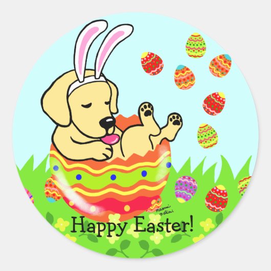 Sticker Rond Oeuf de Pâques Jaune Labrador Chiot caricature (Devant)