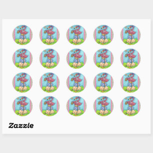 STICKER ROND OEUFS DE PÂQUES ET FLAMANT ROSE ROSE BÉBÉ AVEC BUN
