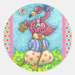 STICKER ROND OEUFS DE PÂQUES ET FLAMANT ROSE ROSE BÉBÉ AVEC BUN